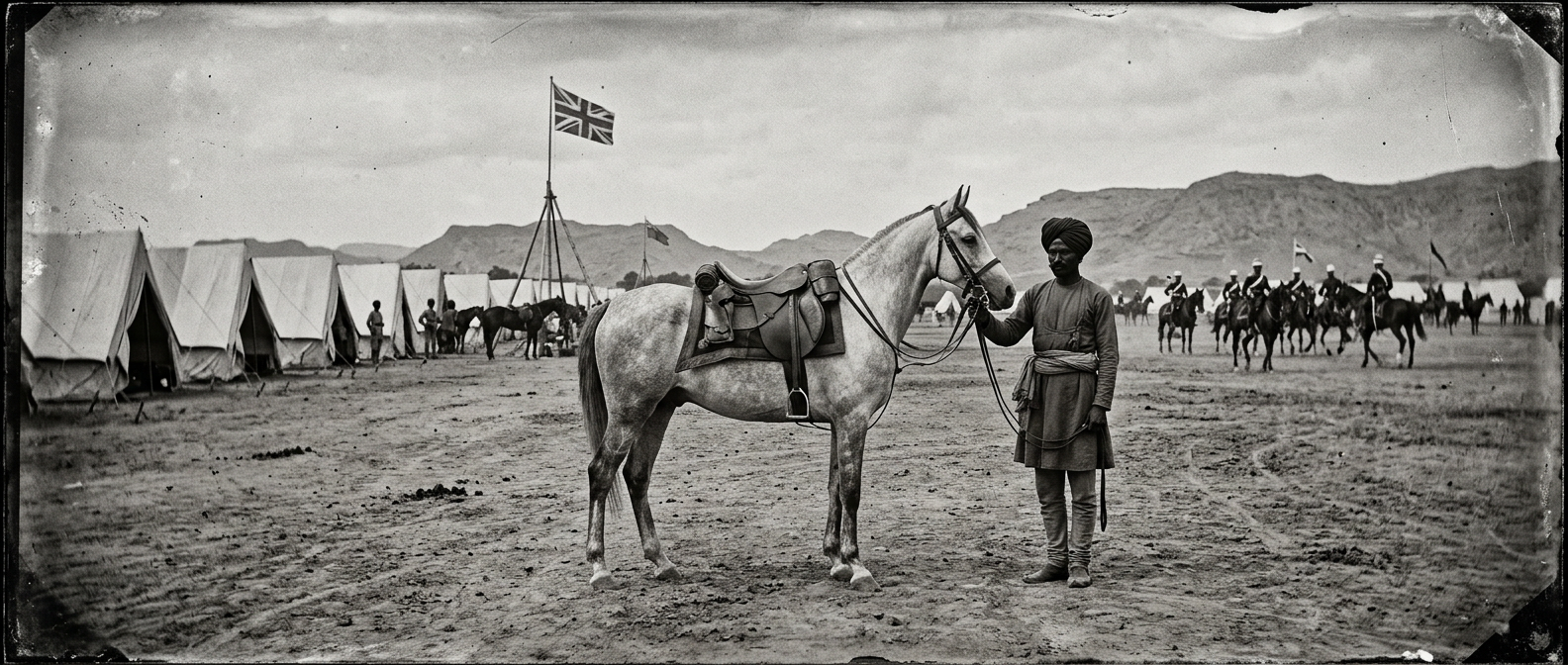 Archival photograph of a small grey Arab charger, saddled, standing on an Indian parade ground
